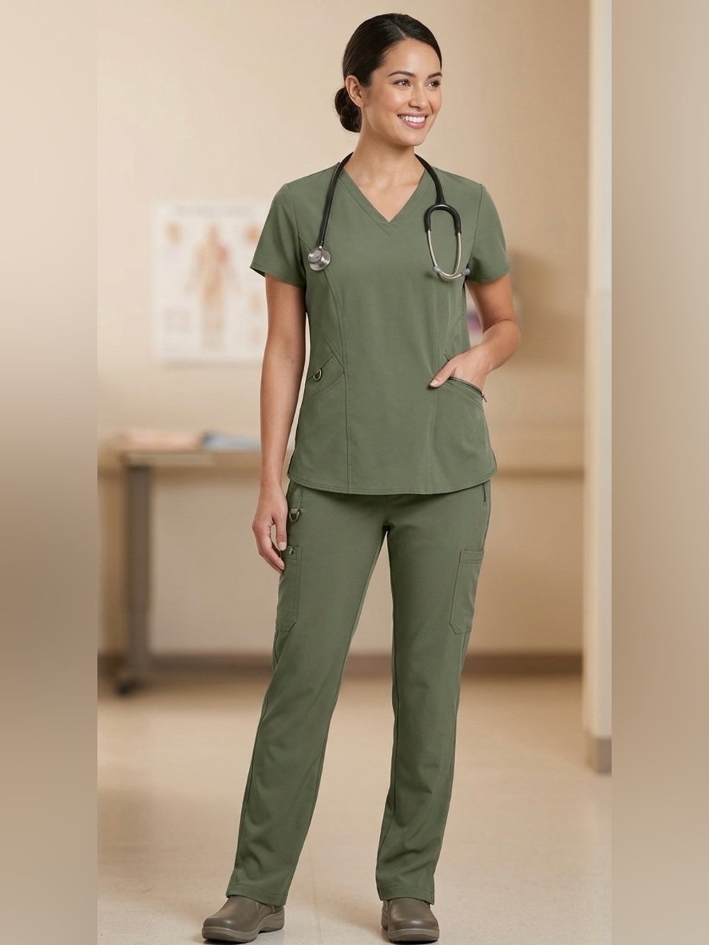 EUC Ava Therese Scrub Set Olive- Top XL, Bottom L